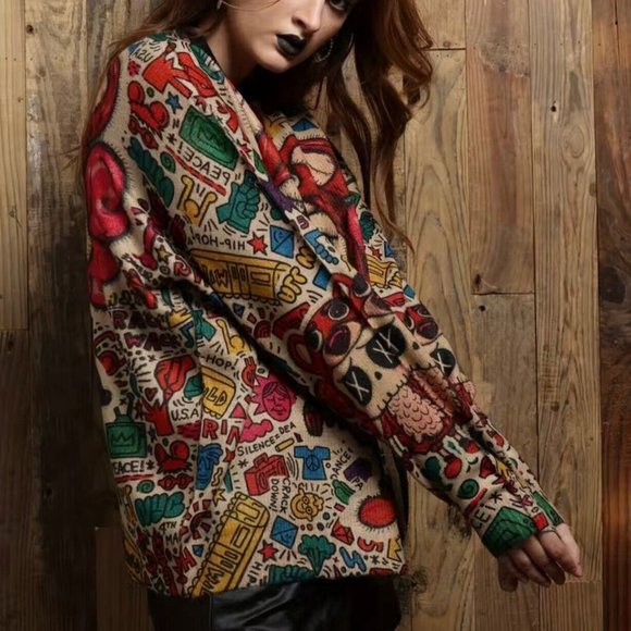 Womens Pullover Sweater Small Beige Red Stretch Crew Neck Print Bear Dolls Relax - Picture 5 of 16